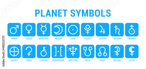 Planet symbols. Mars, venus, mercury and moon. Sun, pluto, jupiter and saturn. Uranus, earth, ketu and rahu. Selena and lilith photo