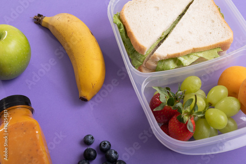 High angle view of fruits and juice bottle by sandwich in tiffin box on purple background