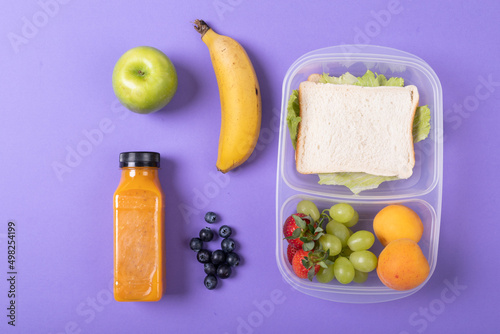 Overhead view of fruits and juice bottle by sandwich in tiffin box on purple background
