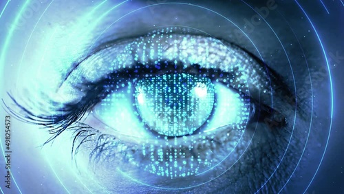 4K Digital composite of eye open and close while binary codes move Loop Animation. Concept of future,innovation, immersive technology, gaming,virtual reality. protection of persons, control security. photo