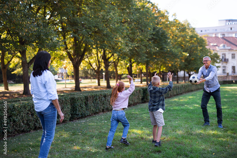 Fototapeta premium Happy little children with grandparents playing with ball outdoors in park