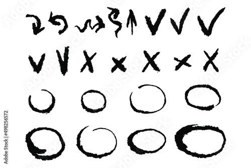 Hand drawn check  highlight marks, crosses and arrows signs. Doodle checkmarks answers test, confirmation, negation icons. Checklist marks template, voting set. Vector flat illustration isolated.