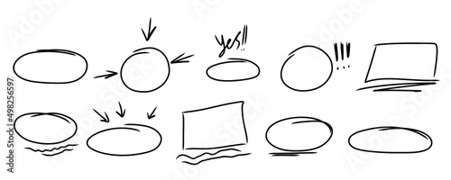 Highlight oval frames, arrows, curve underline. Hand drawn scribble circle set. Doodle ovals and ellipses line template. Stock vector illustration isolated on white background.