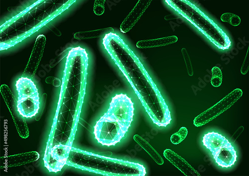 Futuristic glowing low polygonal bacteria background on dark green. Microbiology web banner. 