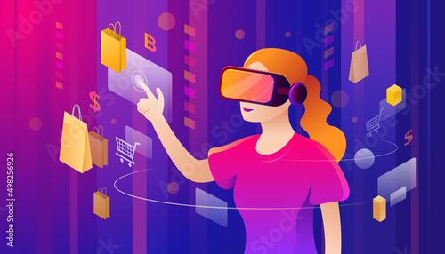 Woman with VR Headset Touching for Shopping, Metaverse Concept