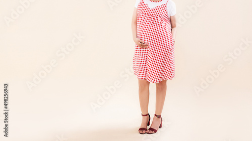 Εκτύπωση καμβά Beautiful pregnant woman standing in red fashion caro dress holds hands on belly with dark red shoes  isolated on a light beige background