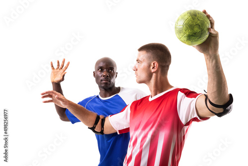Multiracial rival handball players playing against each other over white background