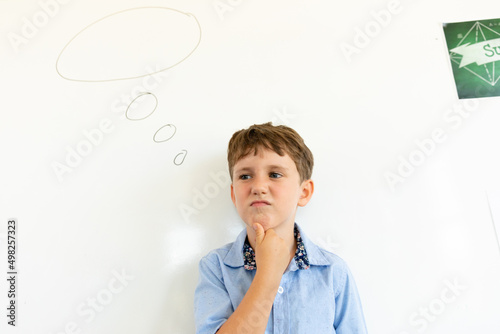 Thoughtful caucasian elementary schoolboy with hand on chin standing by speech bubble on wall