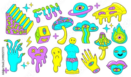 Psychedelic emoji stickers. Cartoon mushroom retrowave art, hipster sticker 90s 80s illusion stairs surrealism comic character weird smile