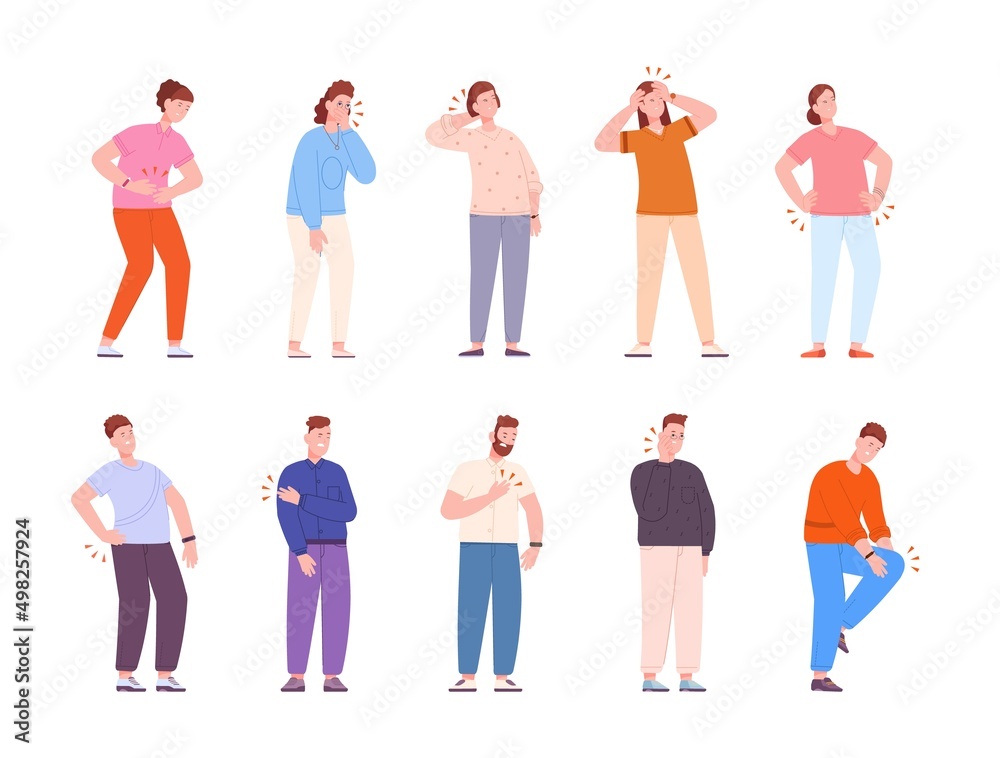 Fototapeta premium People physical hurt. Woman disease illness leg neck back, person types pain painfulness stomach, ill girl physical injured, ache joints headache, flat splendid vector illustration