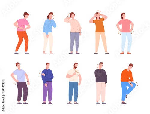 People physical hurt. Woman disease illness leg neck back, person types pain painfulness stomach, ill girl physical injured, ache joints headache, flat splendid vector illustration