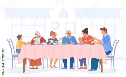 Big family dinner. Families eating together at table, many people eat food and conversation in kitchen, muslim lunch or breakfast, dining healthy meal, swanky vector illustration