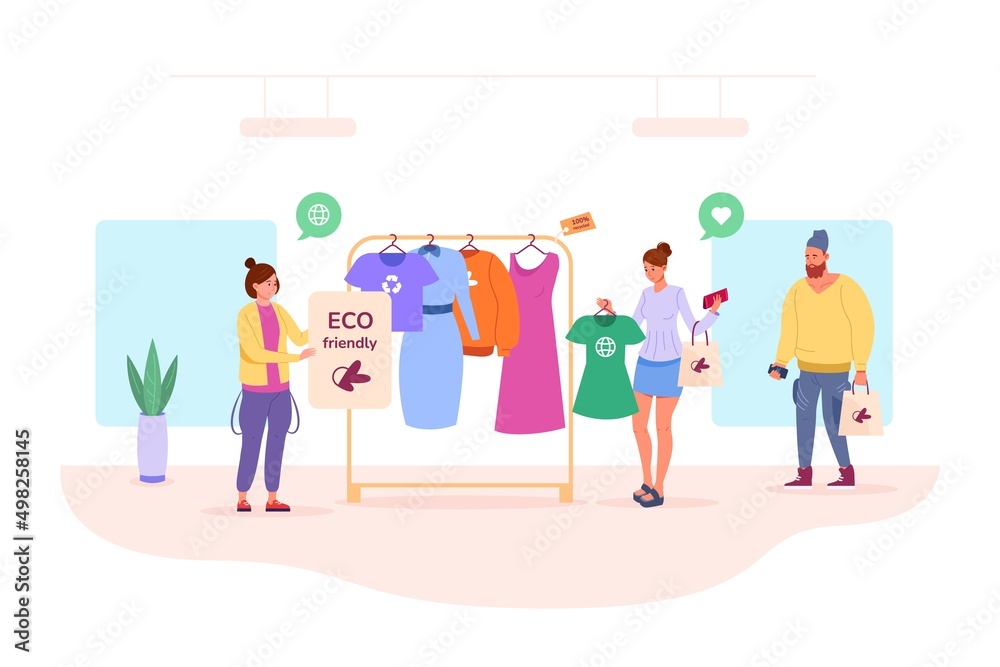 Clothing sustainable fashion. Eco friendly technologies retail fashionable product, ethical bright scene buy recycling textile technology, vector illustration Clothing sustainable fashion. Eco friendly technologies retail fashionable product, ethical bright scene buy recycling textile technology, vector illustration