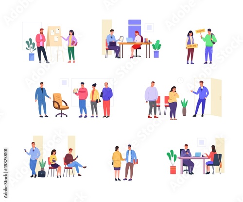 People seeking employment. Ceo with job seeker talking professional hr interview, recruitment hiring process employee conversation hunting office sit recruiter queue, garish vector