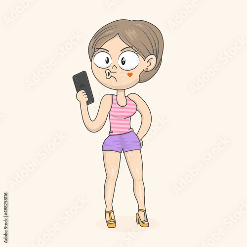 Funny cartoon positive woman taking selfie doing duck face. Young funny woman doing taking selfie shot on mobile phone and blowing lips.