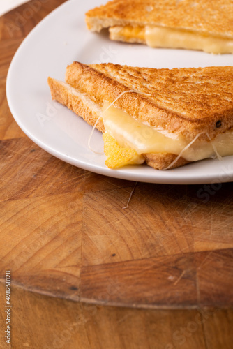 Close-up of fresh cheese toast sandwich served in plate on wooden board