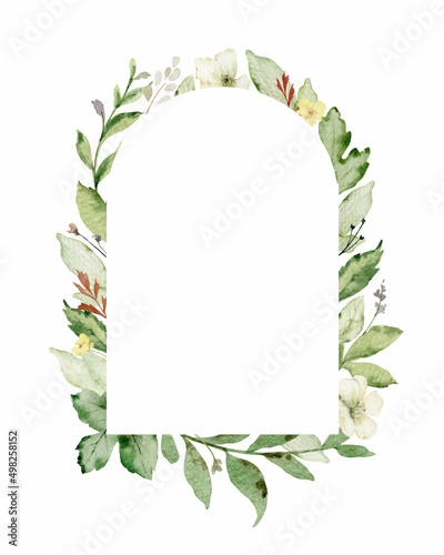 Watercolor vector frame with green forest foliage and flowers.