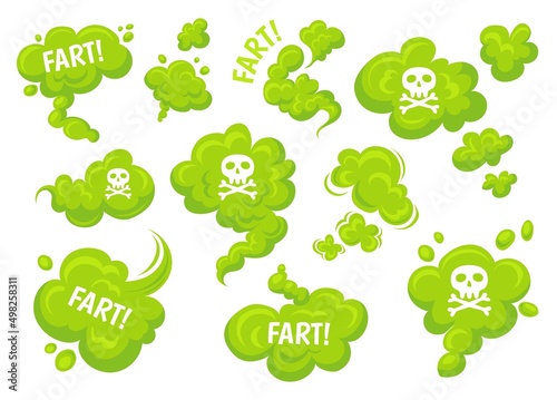 Green fart. Funny stinky clouds with skull text, pu farts bomb toxic trail vapor cute steam chemicals smoke, body bad scent garbage odor effect, neat background vector illustration