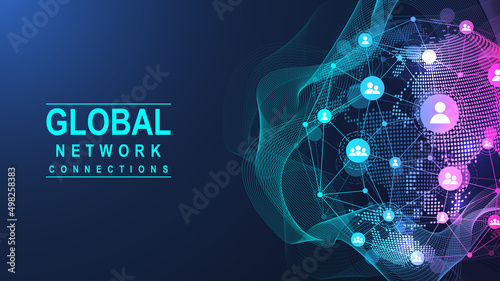 Global network connection concept. Big data visualization. Social network communication in the global computer networks. Internet technology. Business. Science. Vector illustration