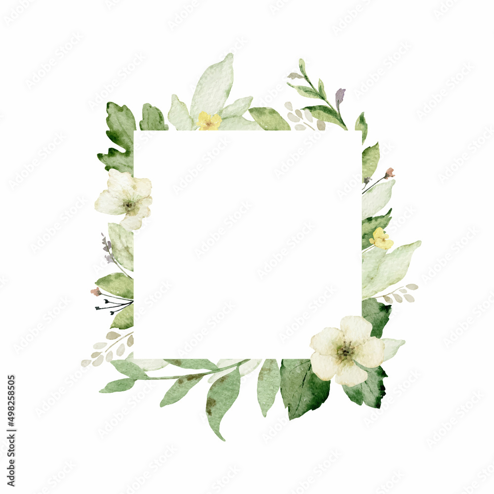 Watercolor vector frame with green forest foliage and flowers.