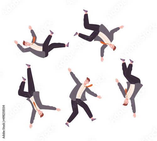 Falling businessman. Fall down business men in suit from full despair, suicide action stressed office worker, disappointed person fly downfall figure