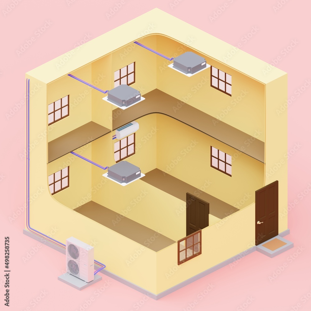 on a pink background multi-system different air conditioner units two-storey yellow building 3d rendering