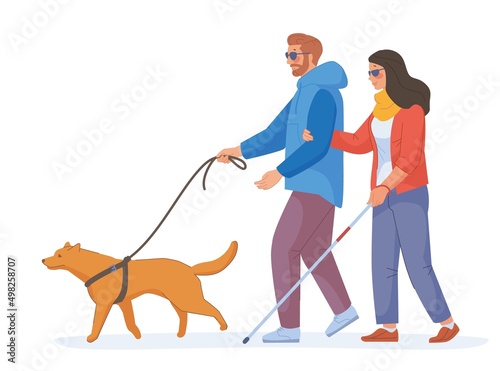 Guide Dog. Blind girl with helper animal guides assistance, blinds woman and man poor sight in eyesight glasses, handicap person service vision diseases, swanky vector illustration