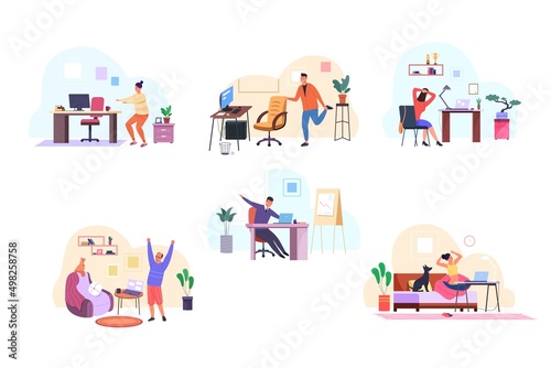 Workout break. Workers stretch warm up at computer desk, office syndrome gymnastics exercise on workplace, meditating yoga home fitness training cartoon garish vector illustration