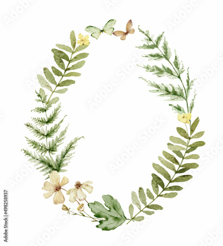 Watercolor vector wreath with green forest foliage and flowers.
