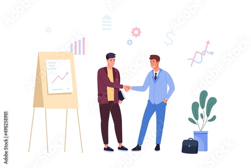 Handshake two entrepreneur. Businessman shake hand client, customer person agreement, partnership deal greeting world relationship sell management, vector illustration