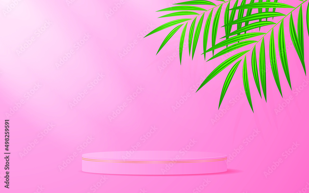 Pink podium with gold lines for placing products and green leaves on top. Cosmetics display. vector illustration
