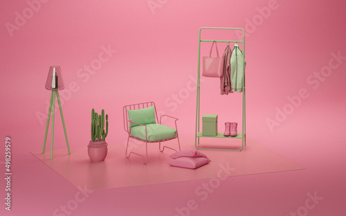 Creative interior design with Armchair on a pink background with cactus pot and green elements. Light background with copy space. 3D rendering for web page, presentation or studio backgrounds.
