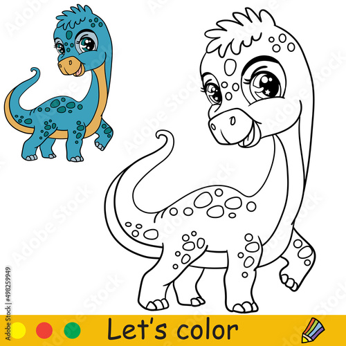 Cartoon cute dinosaur diplodocus coloring book page vector