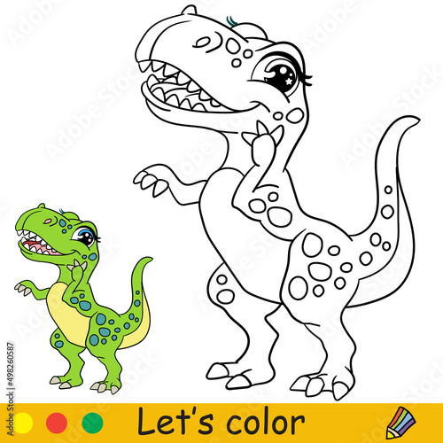 Cartoon cute dinosaur tyrannosaurus coloring book page vector