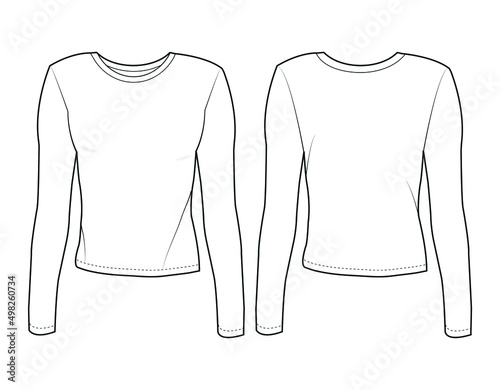 Women's Long Sleeve Round Neck T-shirt, Active Wear T-shirt Front and Back View. Fashion Illustration, Vector, CAD, Technical Drawing, Flat Drawing.	