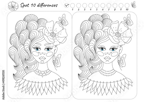 Spot Find the ten differences picture puzzle and coloring page with a beautiful face of a princess girl with a hairstyle surrounded by butterflies and flowers. Outline. Vector illustration. Isolated.