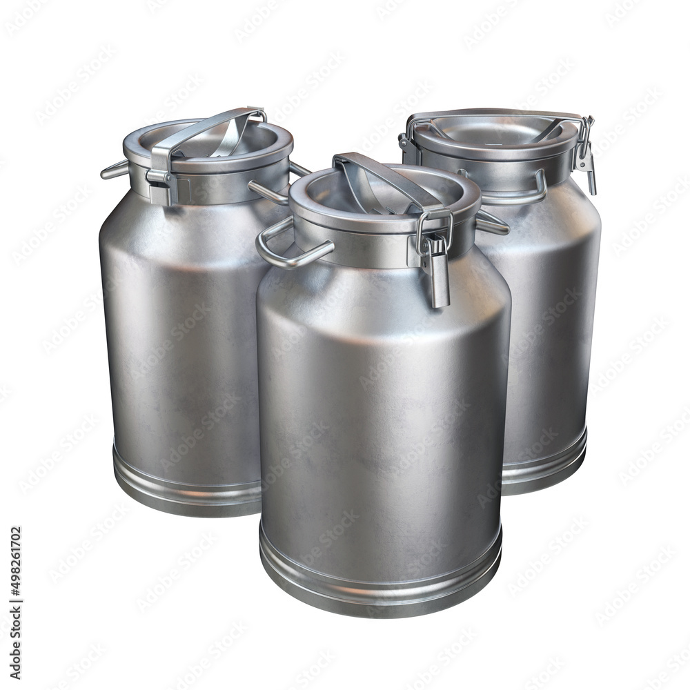 Three milk cans silver on a white background, 3d render Three milk cans silver on a white background, 3d render