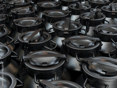 Group of black milk cans, 3d render