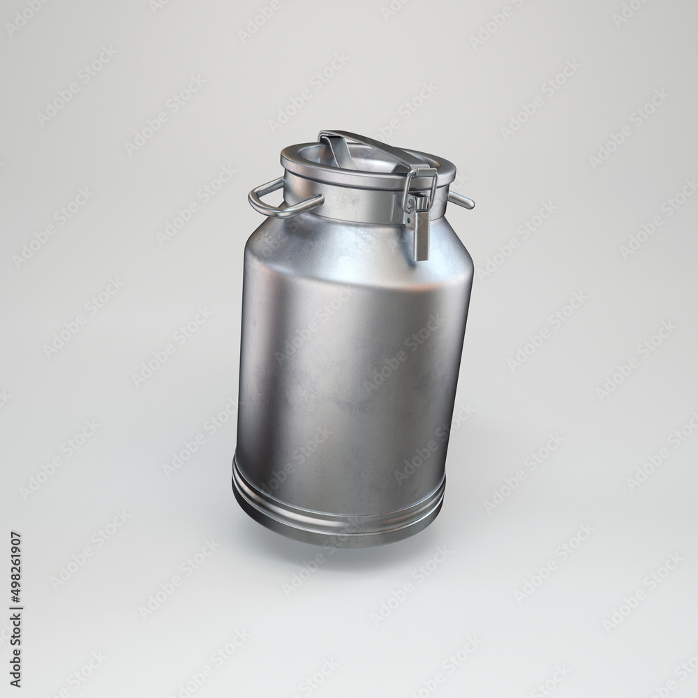 Milk can silver floating on a gray background, 3d render Milk can silver floating on a gray background, 3d render