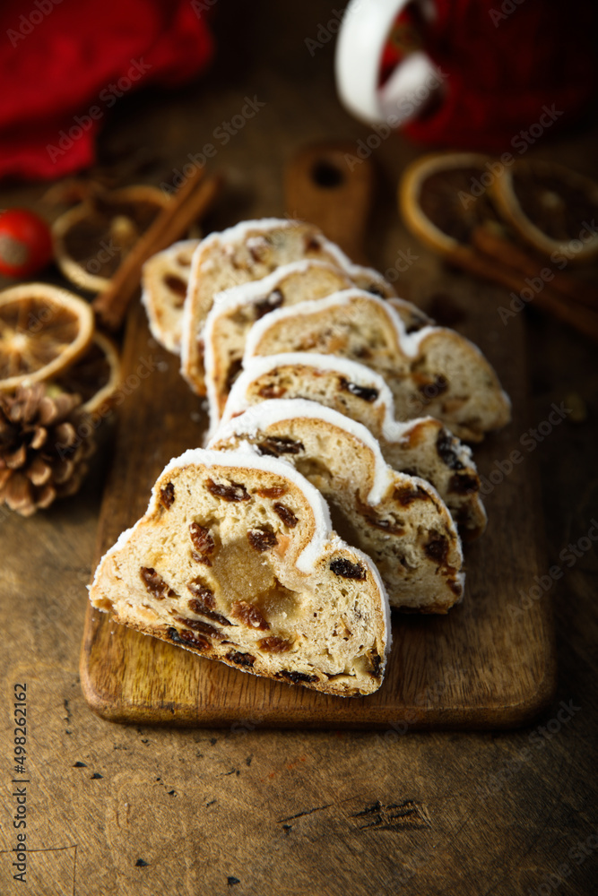 Traditional homemade stollen cake with marzipan