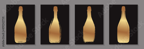 Modern abstract templates for flyer or poster with golden champagne bottles in grunge style.
