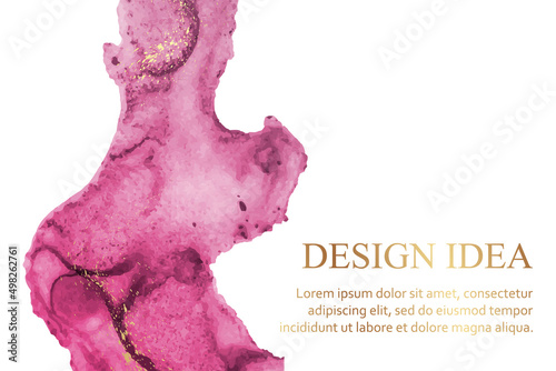 Fototapeta Naklejka Na Ścianę i Meble -  Modern watercolor background or elegant card design or wallpaper or poster with abstract pink ink waves and golden splashes.