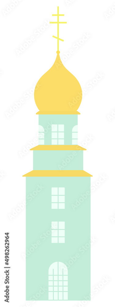 Church tower. Temple with a golden dome decorated with a cross. Green building. Color vector illustration. Isolated background. Flat style. Bright Easter. Religious motives. God's house. 