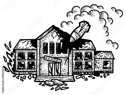 Bomb hit the school Ukraine. Line art sketch picture. Hand drawn.
