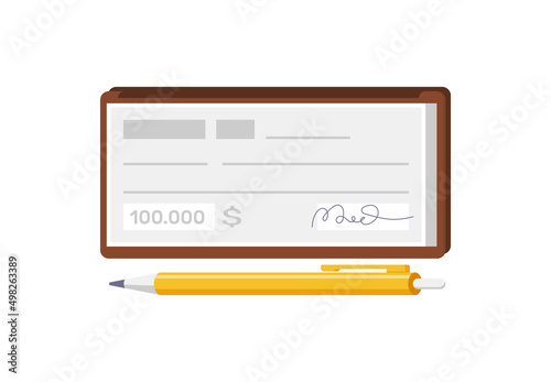 Checkbook bank cheque page with fields for filling signature with pen icon isometric vector illustration. Banking check blank financial payment guarantee isolated. Paycheck, payout, donate, deposit