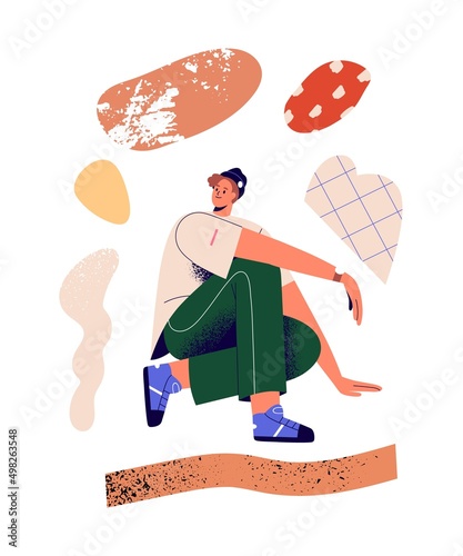 Modern creative person among abstract geometric shape. Young inspired artist ...