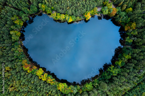 Obraz na plátně Heart - shaped lake in the green forest