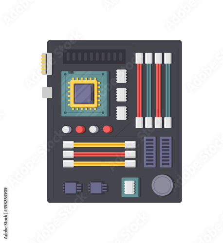 Computer motherboard chip electronic circuit board with processor isometric icon vector illustration. Technology data memory pc inside digital component isolated. Mainboard hardware detail equipment
