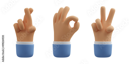 3d hand gesture icon set. Vector realistic businessman palm victory emoji. Render clipart okay and crossed finger isolated on white background,