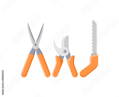 Garden cutting equipment with orange handles set isometric icon vector illustration. Collection shears secateurs and saw for seasonal gardening botanical work isolated. Agriculture farm hobby tools